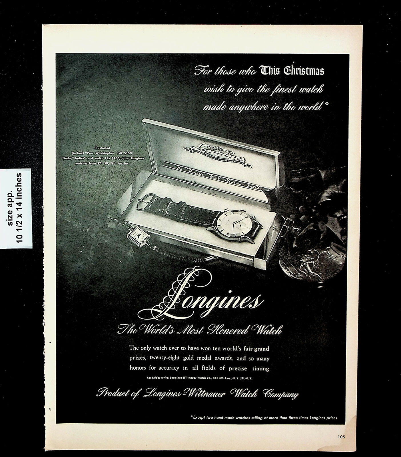1947 Longines Watch Christmas Gift Jewelry Precise Timing Vintage Print Ad 26162