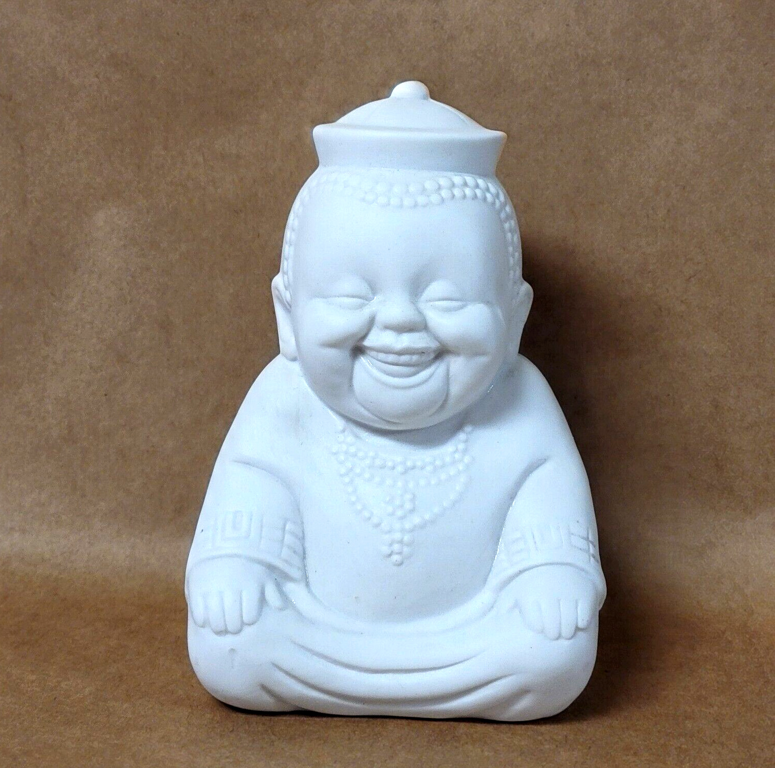VTG Smiling Seated Buddha Statue Tea Light Incense Burner White Porcelain 5 Inch