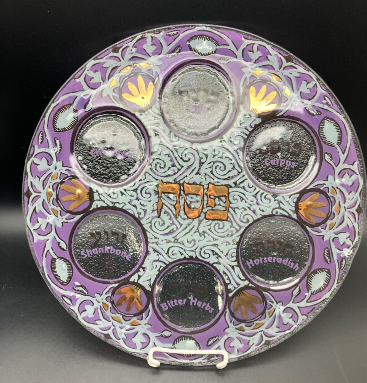 Unique Large Painted Fused Art Glass Seder Plate for Passover Judaica