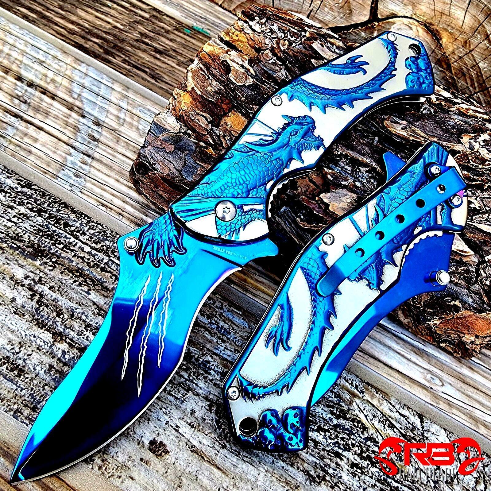 8” Blue Dragon Knife Tactical Spring Assisted Open Blade Folding Pocket Knife