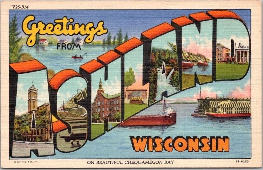 ASHLAND, Wisconsin Large Letter LINEN Postcard \