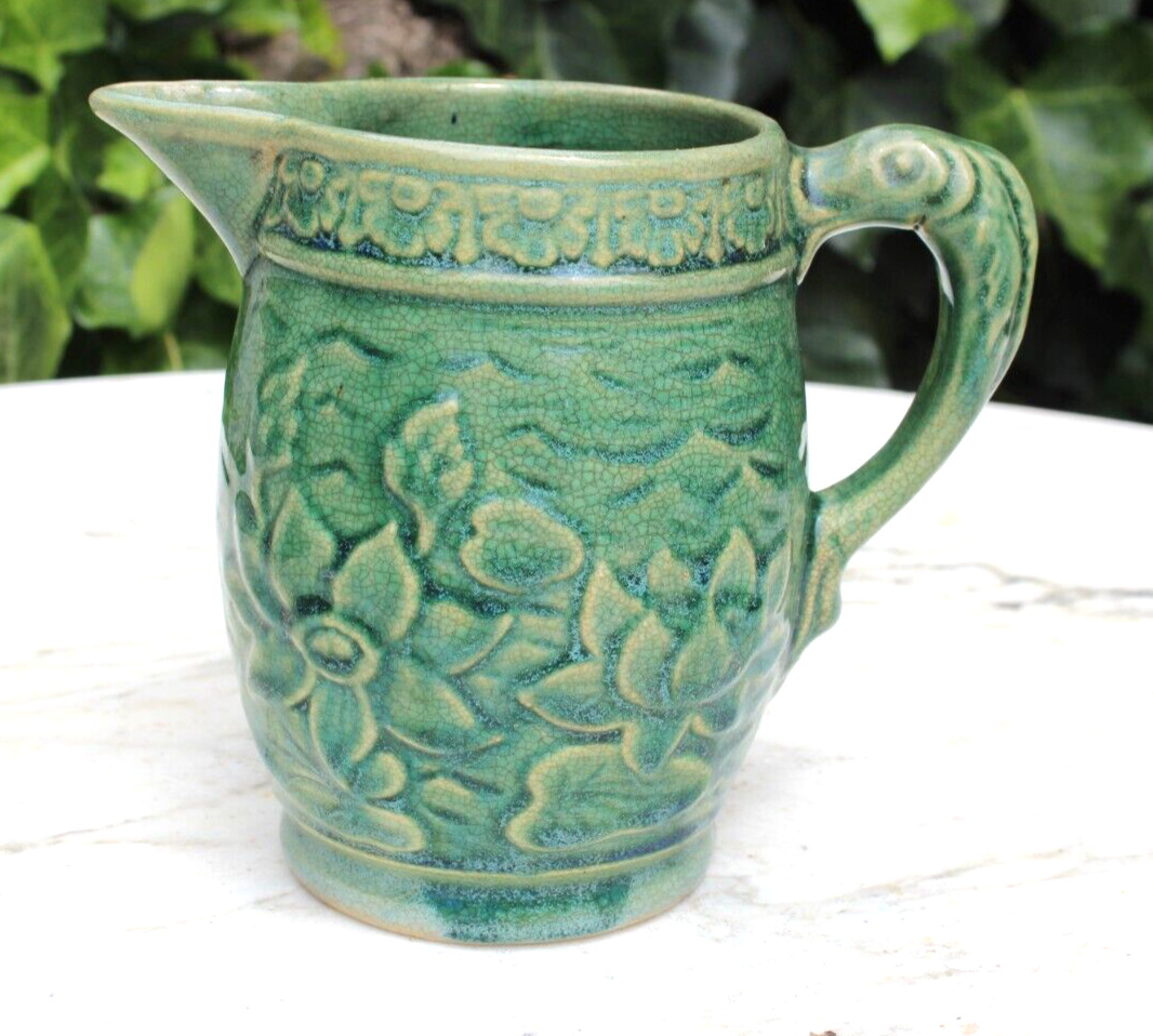 Beautiful Vintage McCoy Green Stoneware Pitcher Lily Pads Fish Handle #30 1930’s