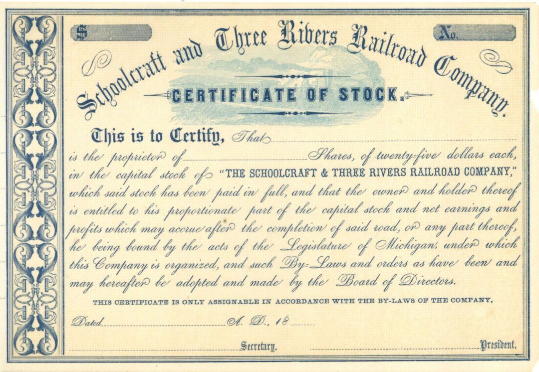 Schoolcraft and Three Rivers Railroad Co. - Unissued Railroad Stock Certificate 