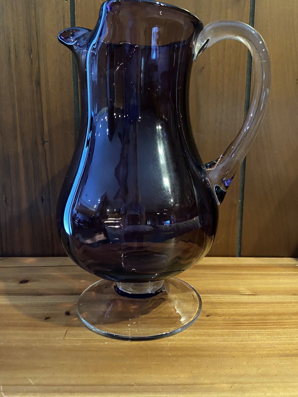 Purple Glass Beverage Pitcher Made In Poland Clear Handle And Base