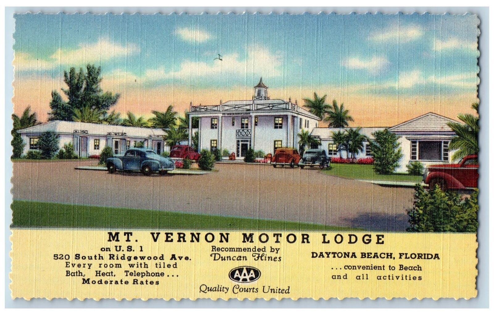 c1940 Mt. Vernon Motor Lodge Restaurant Building Daytona Beach Florida Postcard