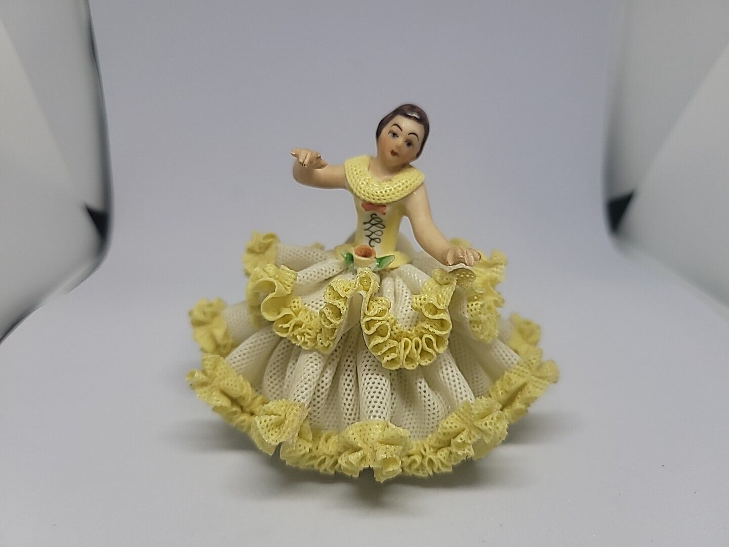 Dresden porcelain lace figurine Germany Stamped Antique Yellow Dancer