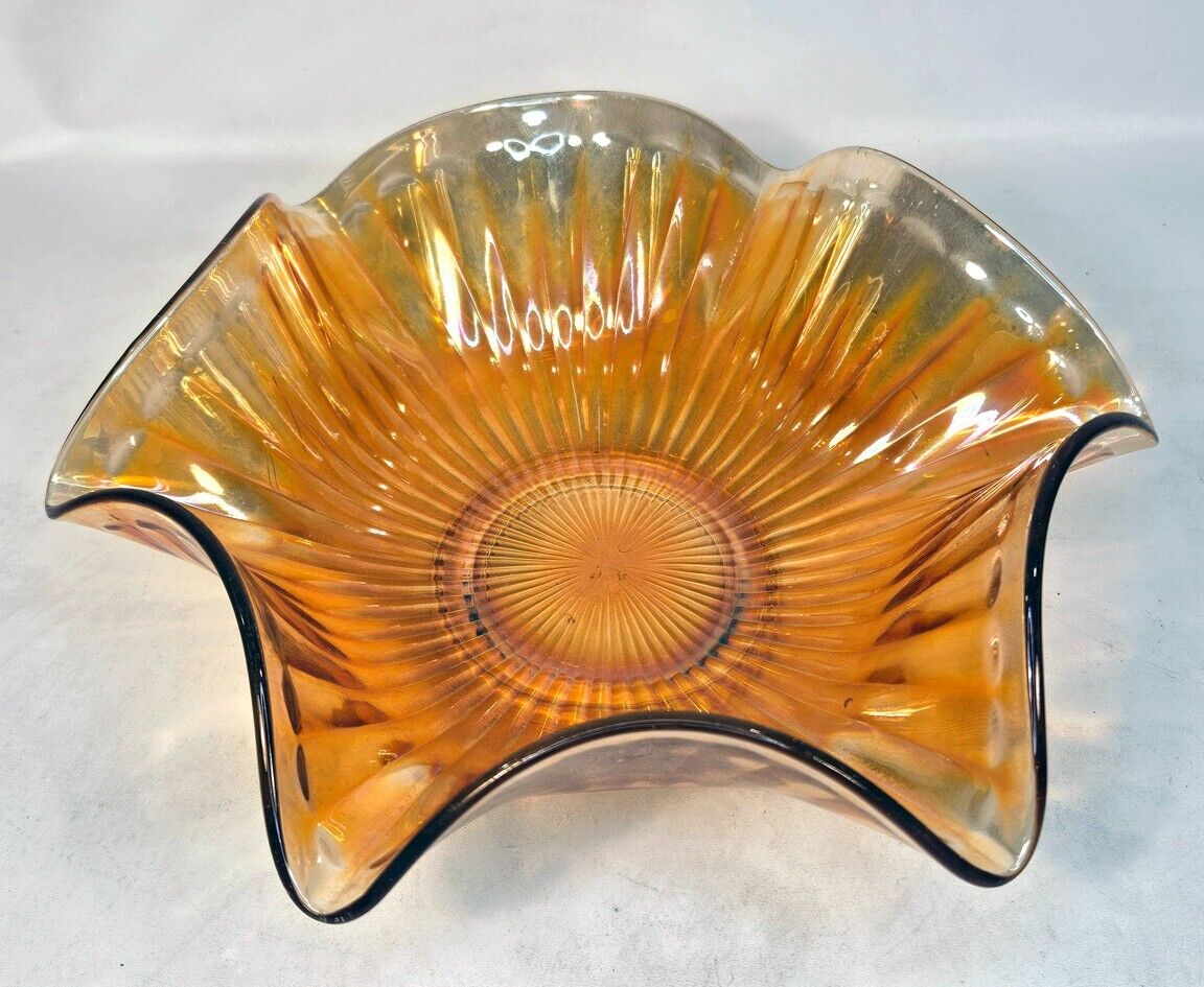 Carnival Glass Bowl Marigold Color Smooth Rays 8 inches
