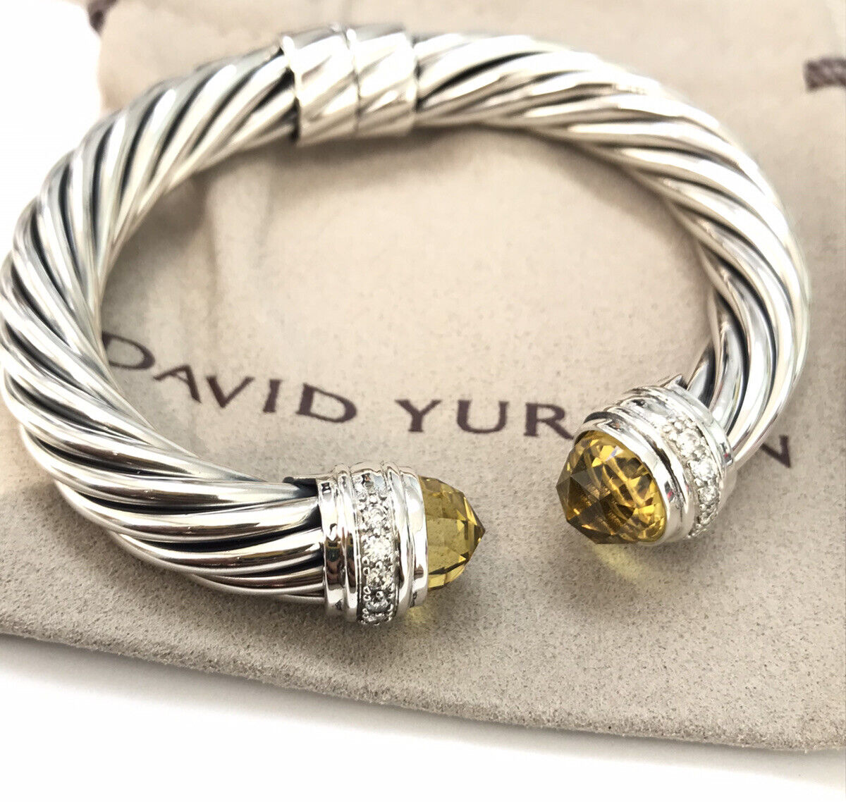 David Yurman Sterling Silver 10mm Cable Bracelet Lemon Citrine  Diamonds Size M