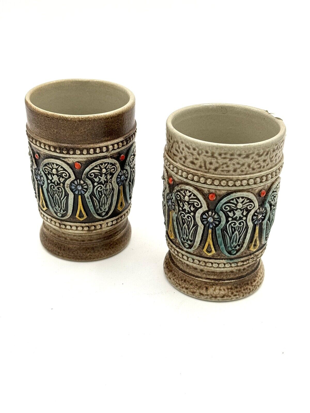 Vintage GERZ Germany Beer Cups Steins Set of 2 Pottery Colorful