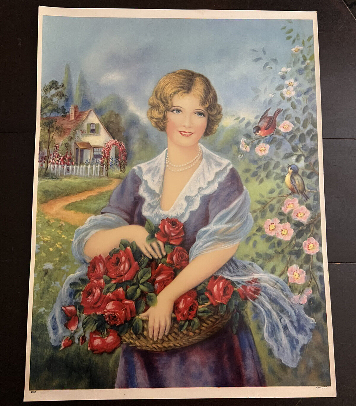 ATQ 1920s Litho Calendar Sales Sample Print Blonde WOMAN Holding Roses 15 X 20