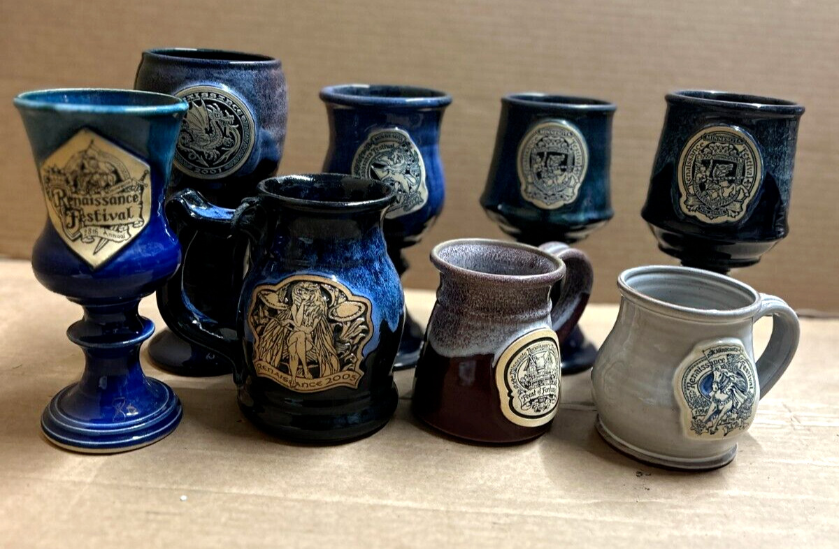 Vintage Minnesota Renaissance Festival Stoneware Goblet Mug Cup Lot of 8