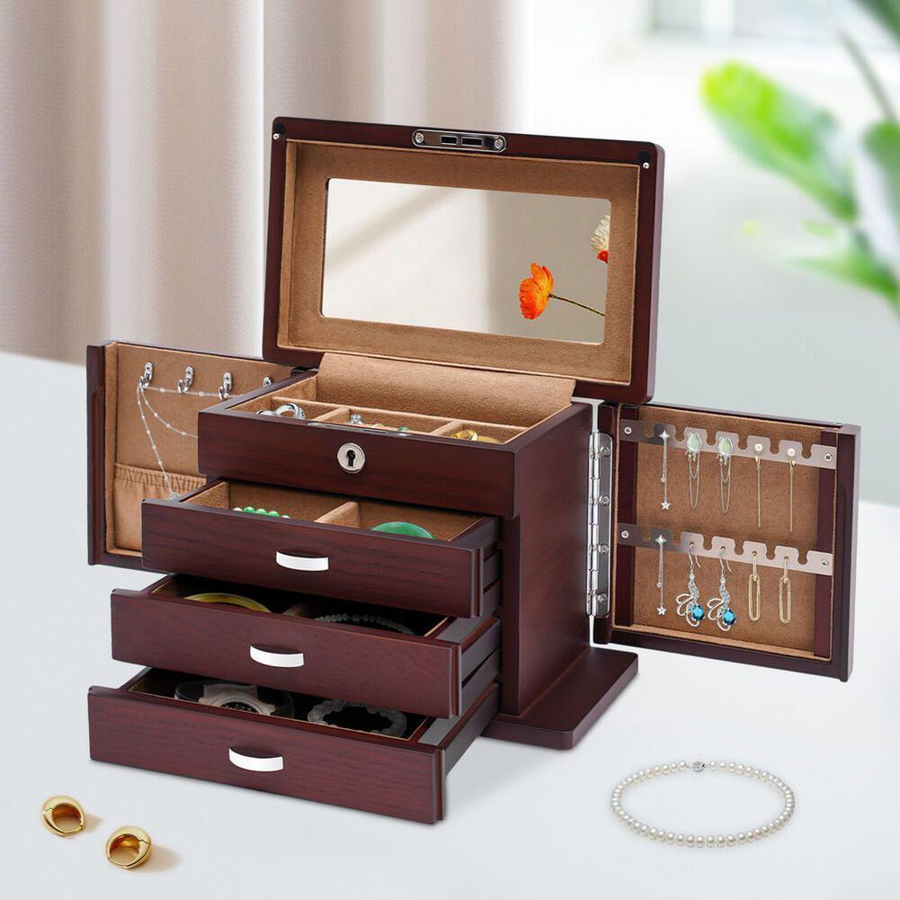 4 Layer Large Wooden Jewelry Box Large Wooden Jewelry Box with Drawers Key Lock
