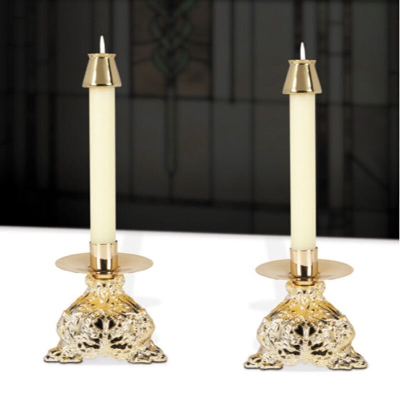 Set of 2 Ornamented Resin Altar Candlesticks Church or Sanctuary Use 6 1/2 In