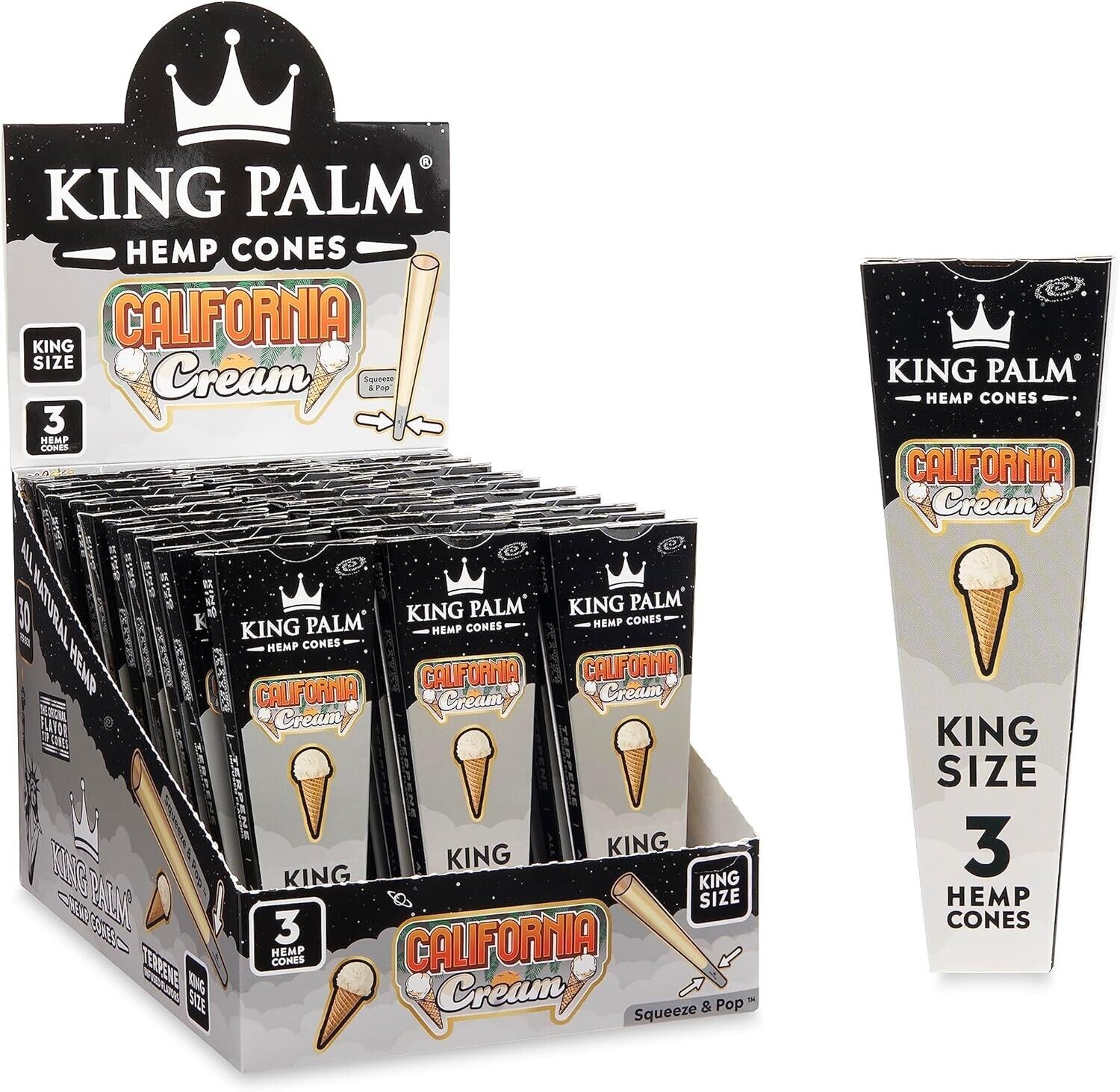 King Palm | King | California Cream | Prerolled Cones & Tips | 3 Per Pack, 30PKs
