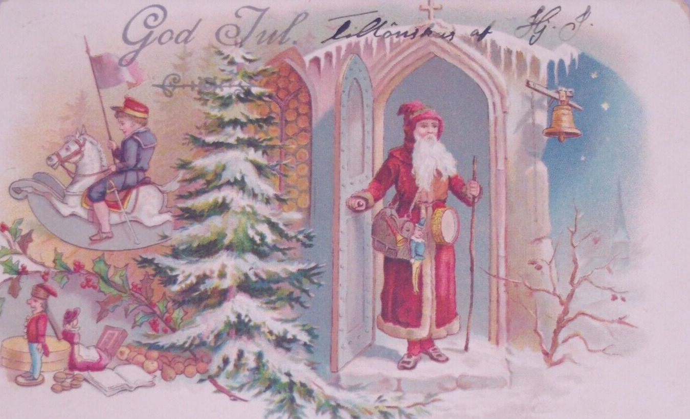 1900s Santa Claus Old World Rocking Horse Vintage Christmas Postcard Germany
