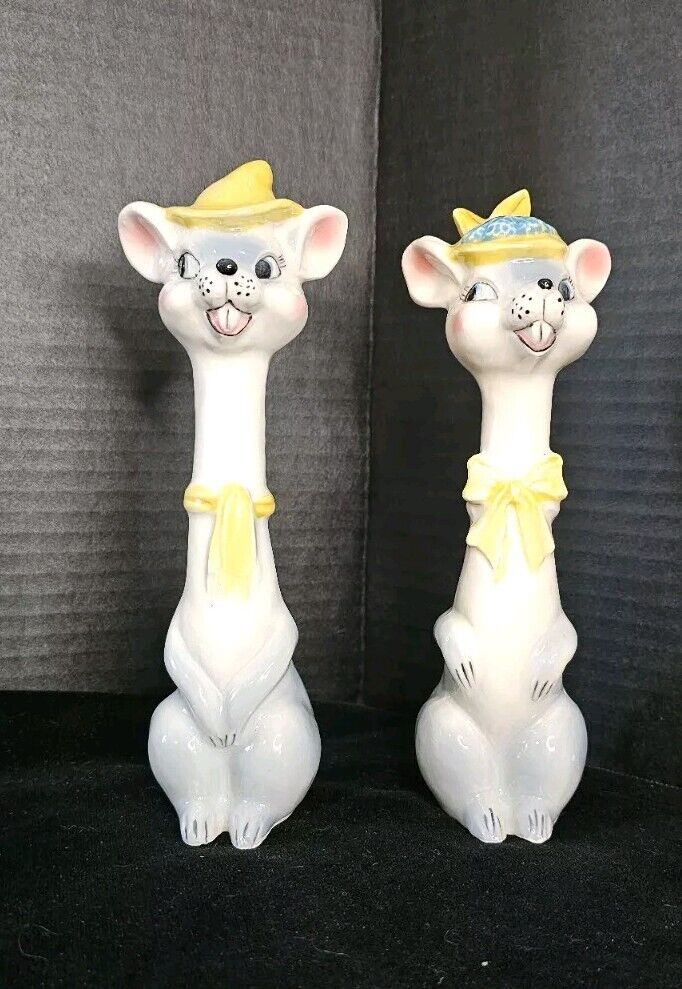 Vintage LEFTON Anthropomorphic Long Neck MOUSE Mice Couple SALT & PEPPER Shakers