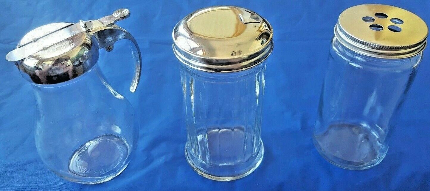 Lot of 3 MINT Clear Glass Syrup Honey Pitcher Powder Sugar Breakfast Condiments