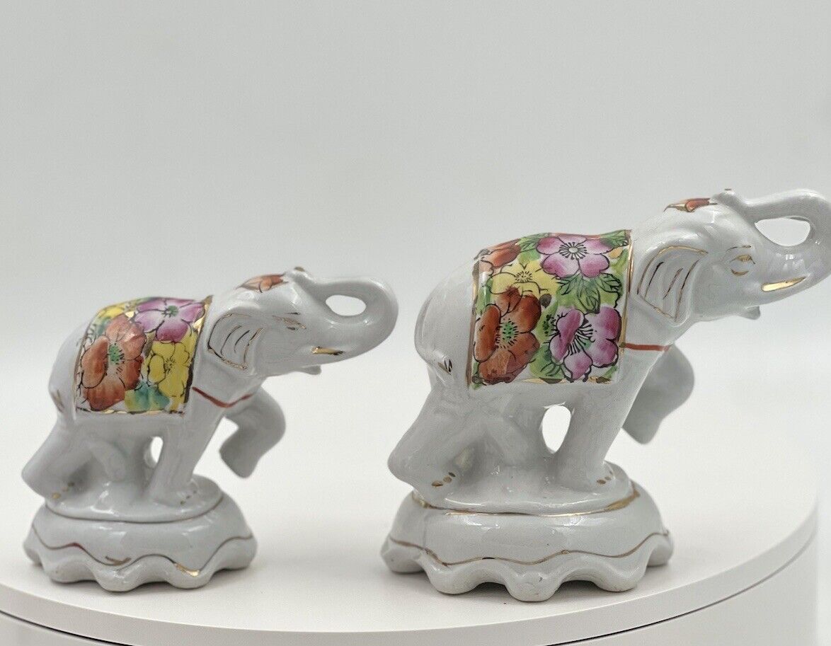 CHINESE PORCELAIN WHITE ELEPHANT FIGURINE with FLORAL DECORATION with GOLD TRIM