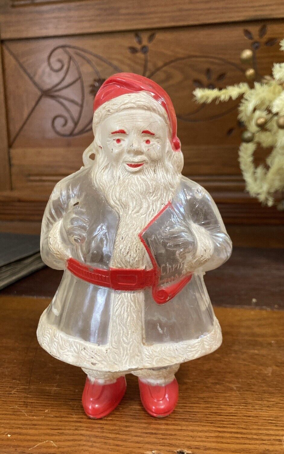 ANTIQUE CLEAR PLASTIC SANTA BANK MADE BY JODA USA FOR CANDY AND COINS