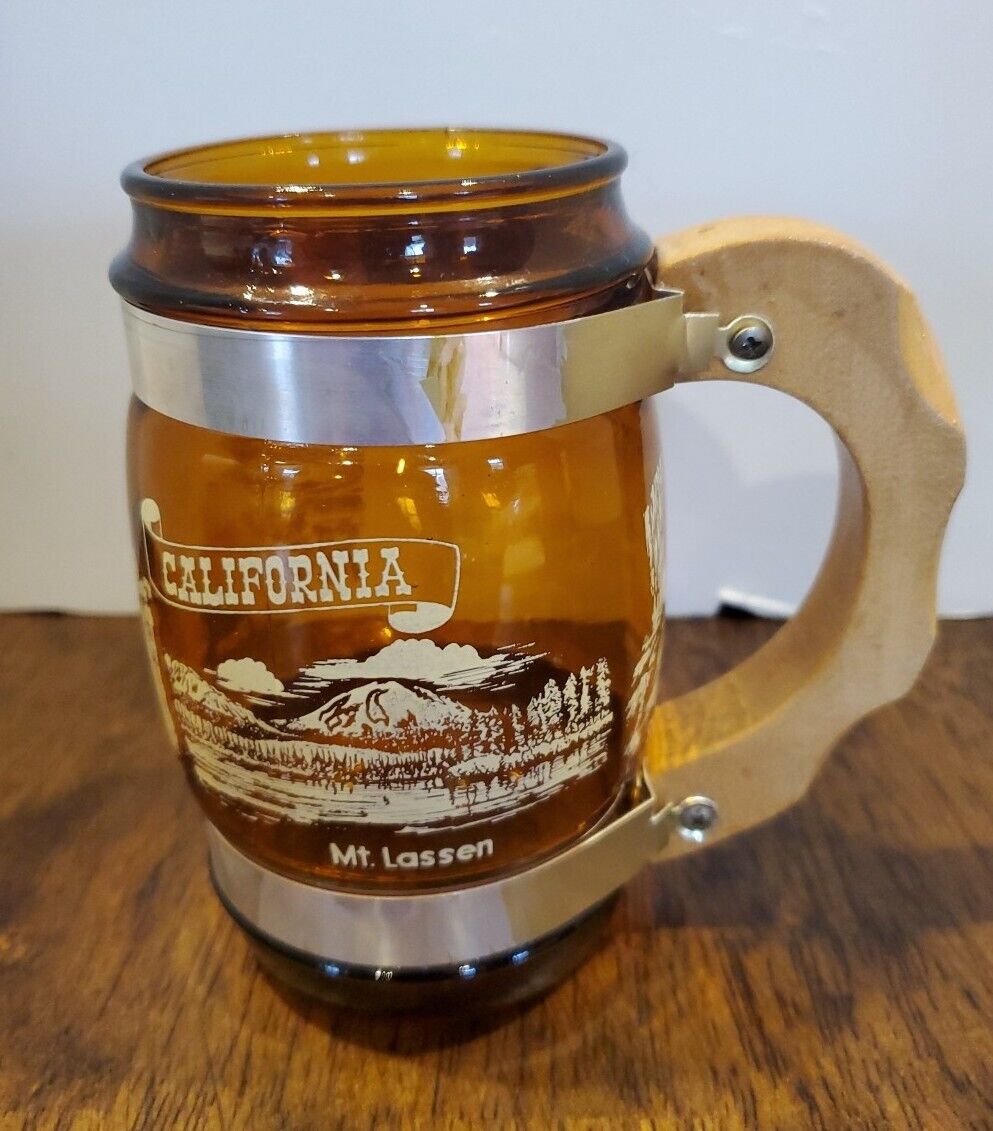 Vintage 60\'s  Siesta Ware CALIFORNIA Amber Glass Mug Wooden Handle Stein