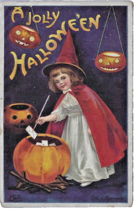 A Jolly Halloween Postcard Ellen Clapsaddle Witch Pumpkin Victorian Girl #978