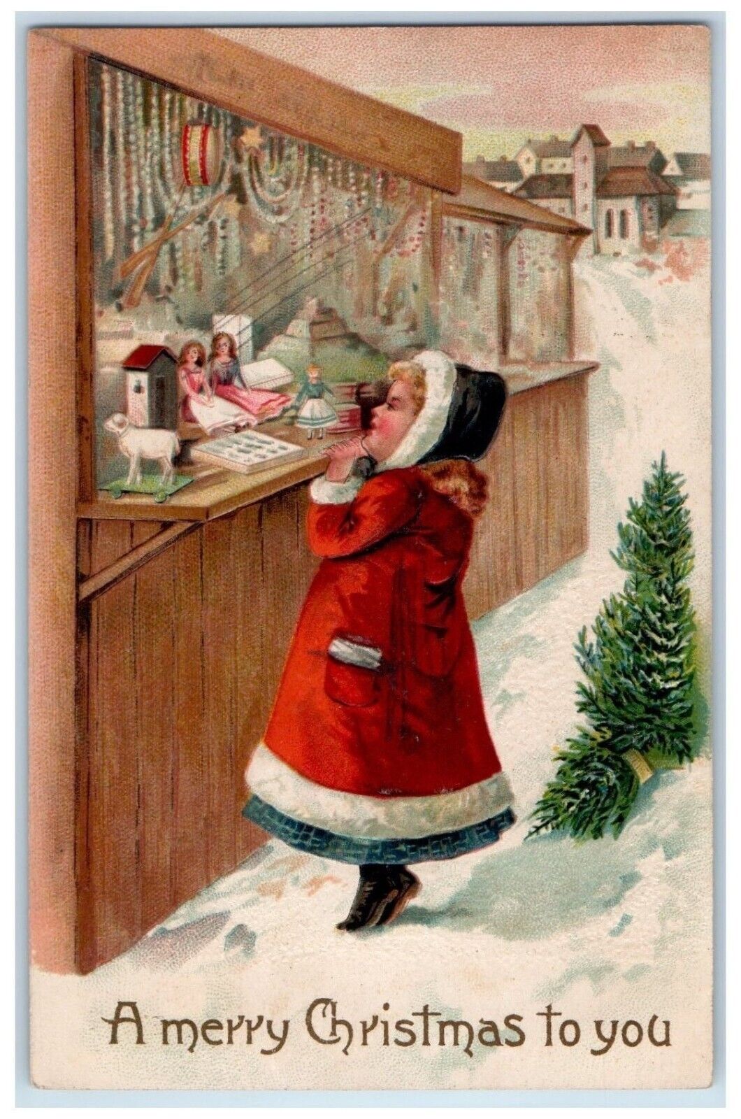 c1910\'s Christmas Girl Santa Costume Doll Store Pine Tree Embossed Postcard