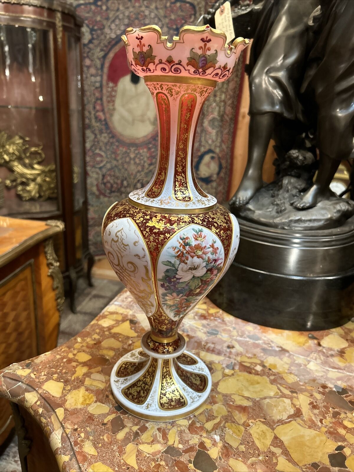 Large Bohemian Moser Overlay Glass Vase, 19 C. 16 Inches Tall