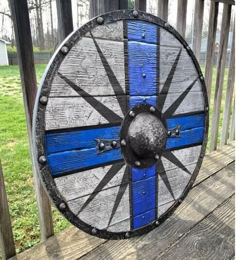 Viking Blue Wooden Designer Round larp Shield Round Blue Cross With Boss Shield