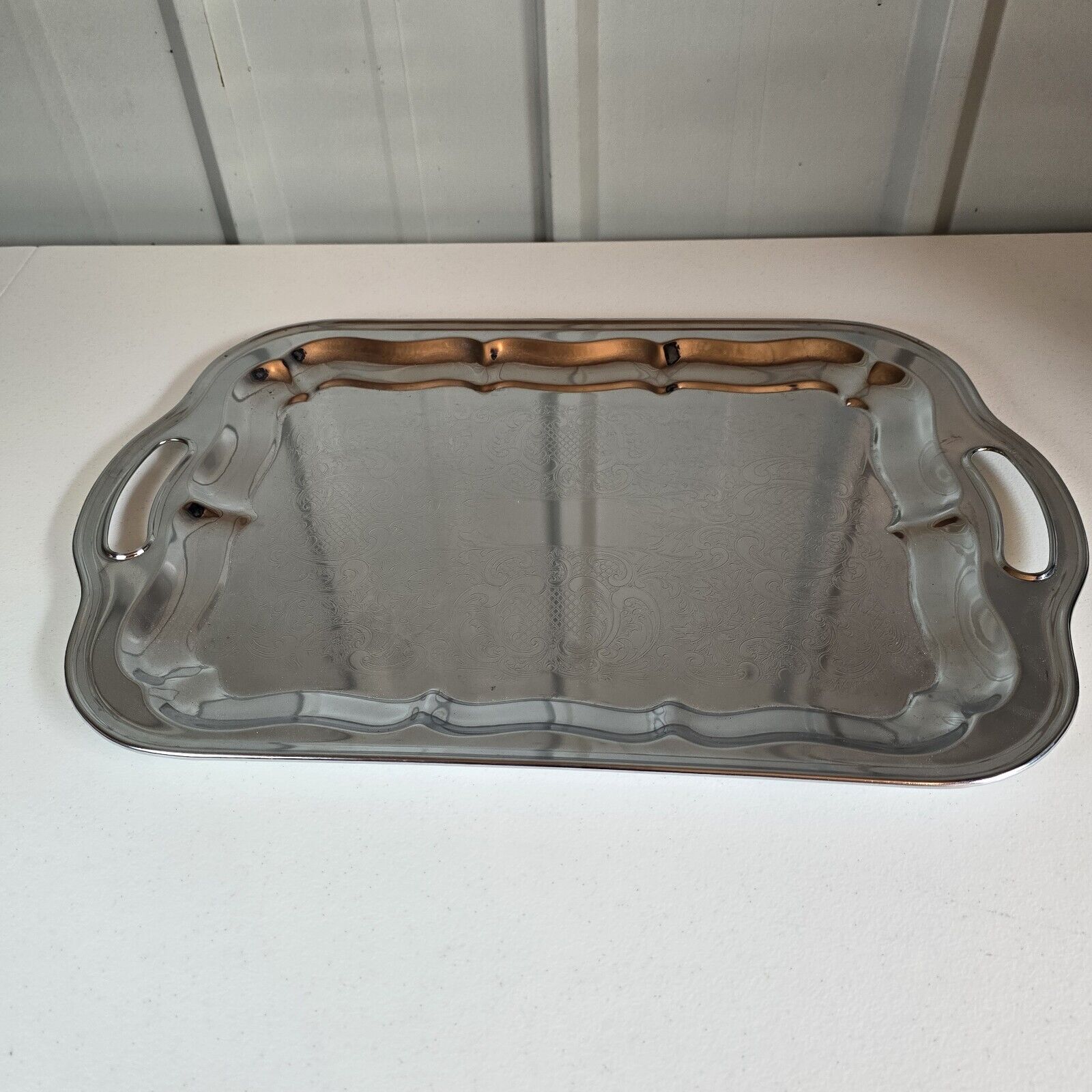 Vintage Irvinware Engraved Chrome Serving Tray Mid Century Art Deco Made in USA