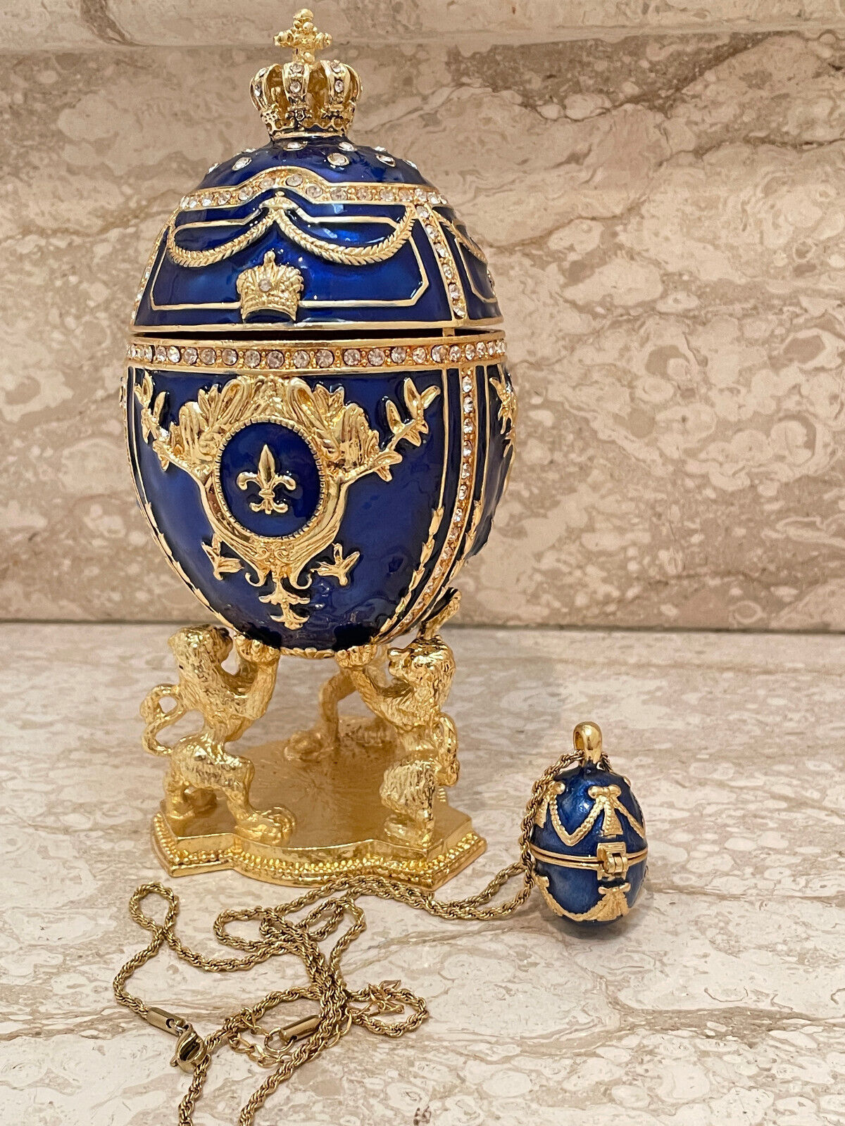 pierrelorren Faberge Egg SET Faberge Trinket box & Faberge Egg Necklace Sapphire