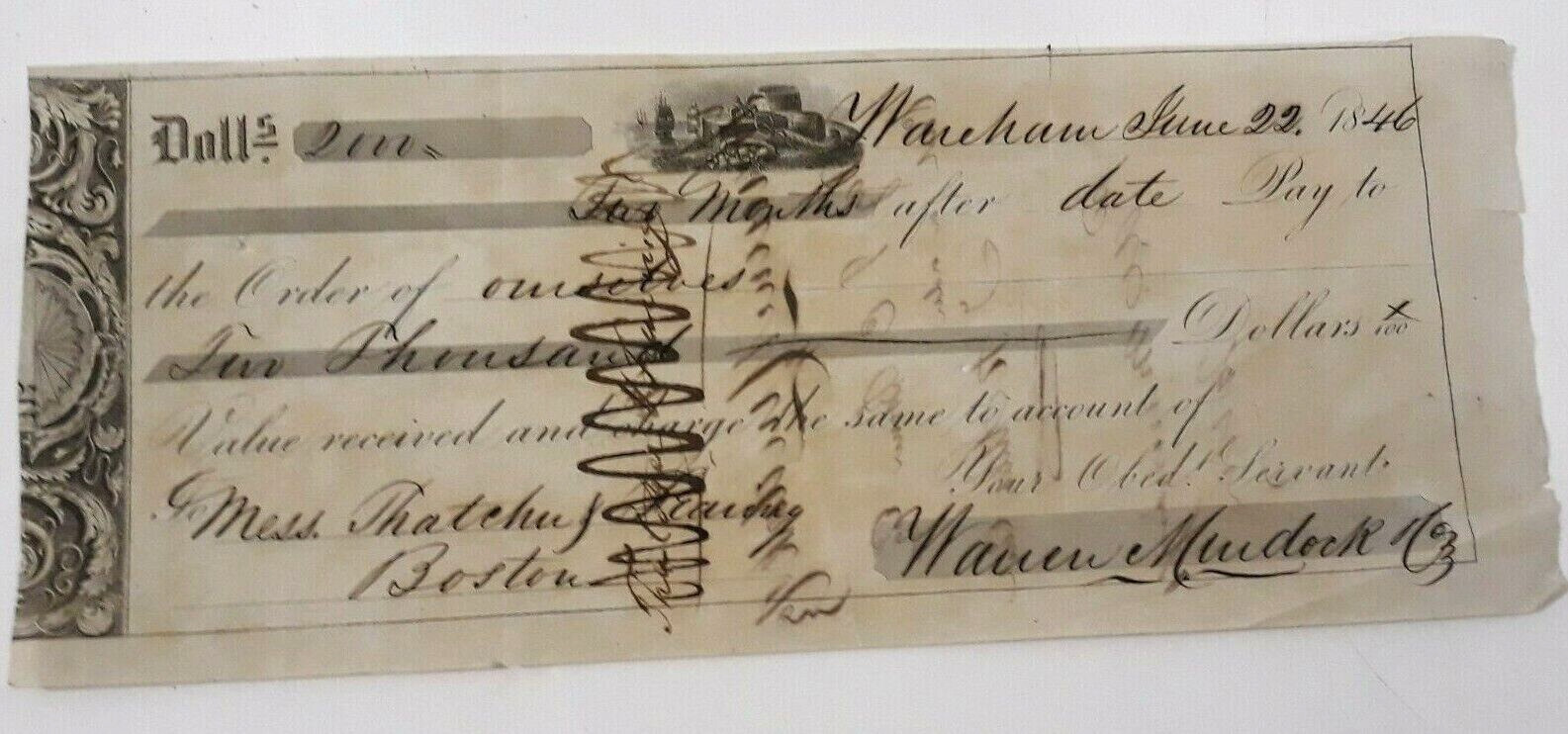 Antique 1846 Bank Check Receipt Boston Parchment Graphic Ships Horn of Plenty
