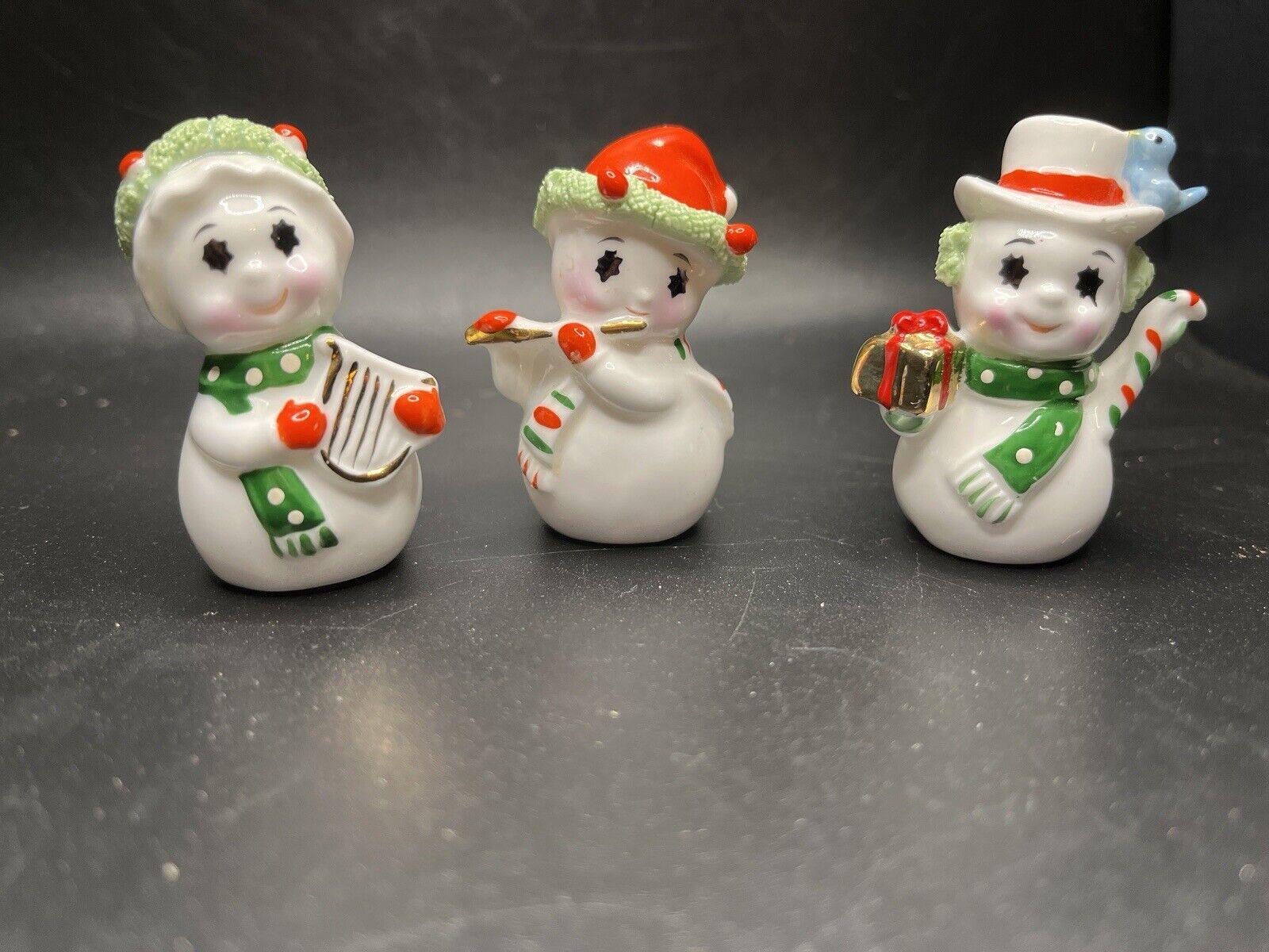 Set Of 3 Vintage Napcoware Napco Snowmen Christmas Spaghetti Trim Figurines