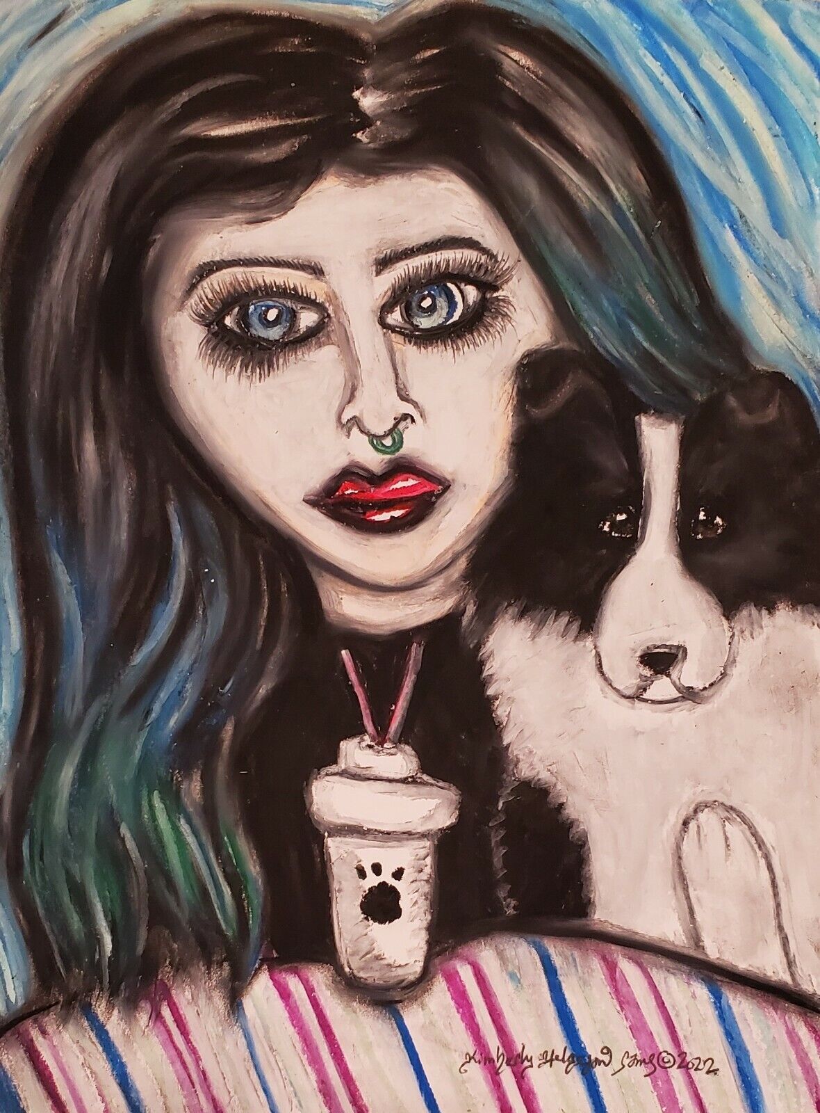 Goth Girl and Bi-Black Sheltie Original Pastel Painting 9x12 Dog Art 2022 Gothic