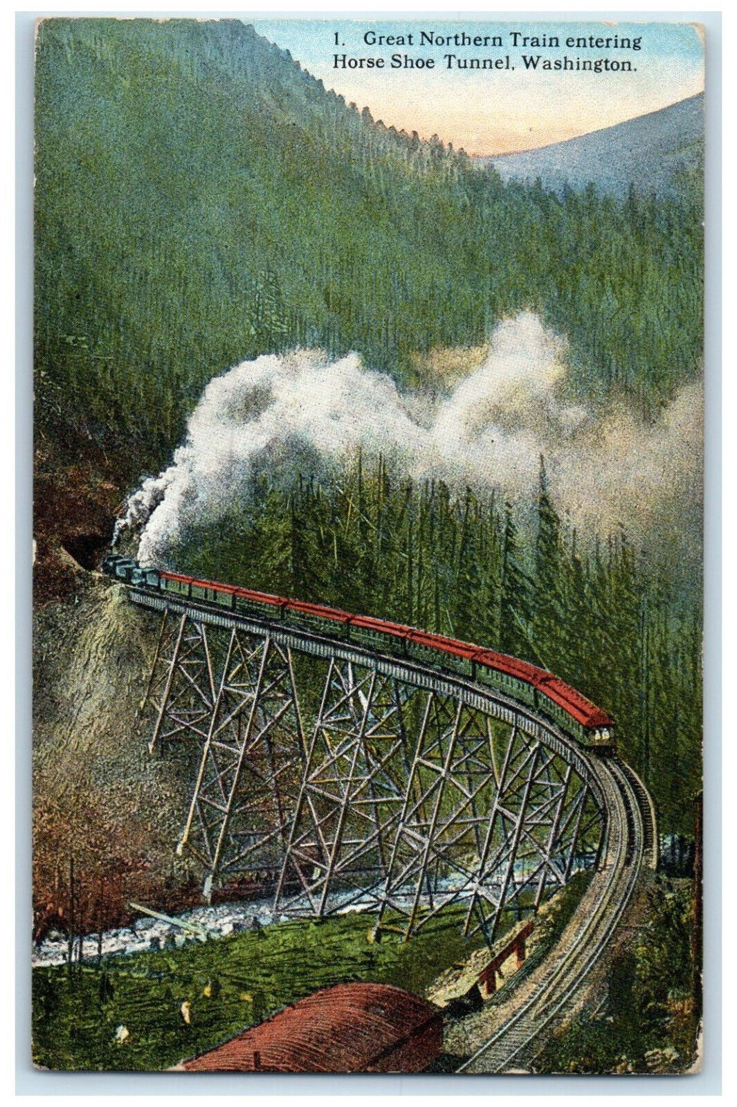 c1910 Great Northern Train Entering Horse Shoe Tunnel Washington WA Postcard
