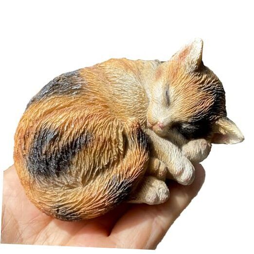 Realistic Kitten Figurine Cat Statue Calico Resin-Mini-Sleeping-Calico-Cat