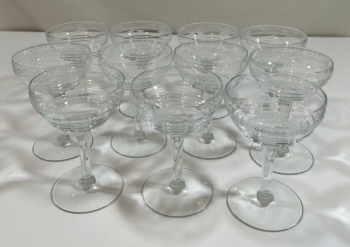 Set Of 11 ~ IMPERIAL GLASS Champagne  -451-1- Clear Cut Glass Bands/Floral VGC