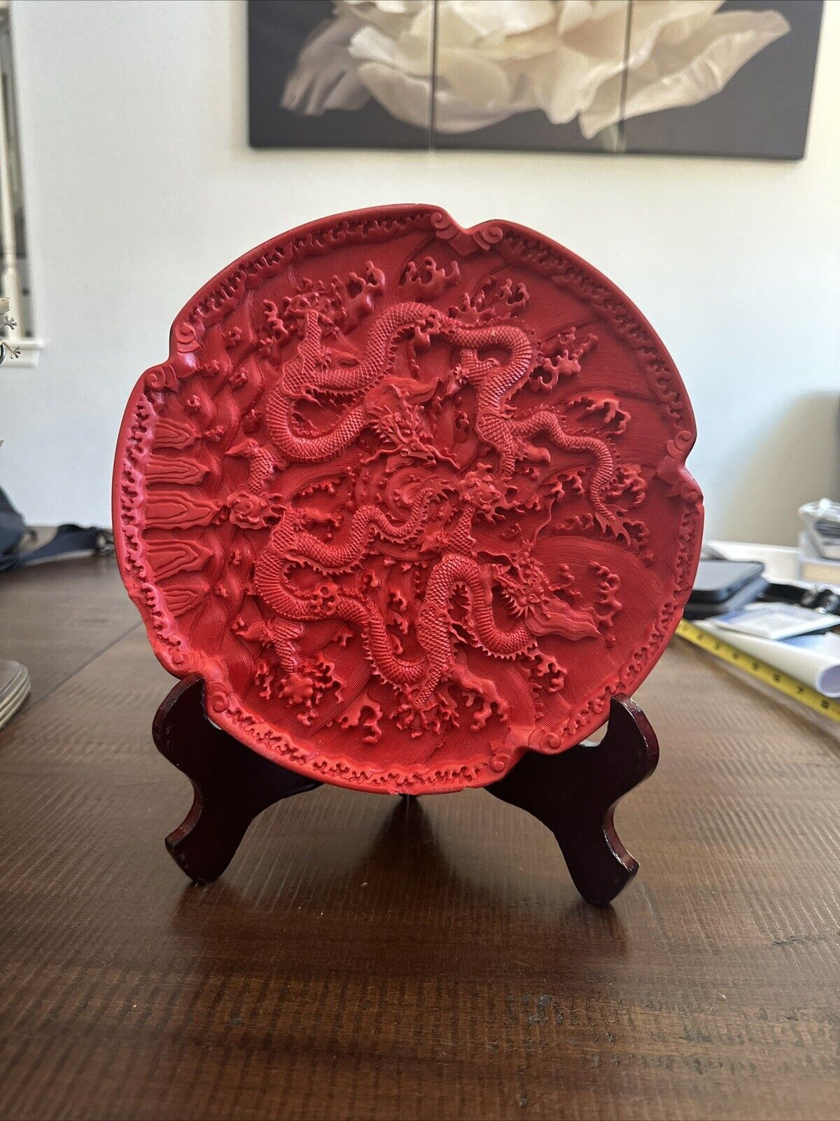 Plate Art Stunning 9.5” China Carved Lacquerware Red  Dragon Plate