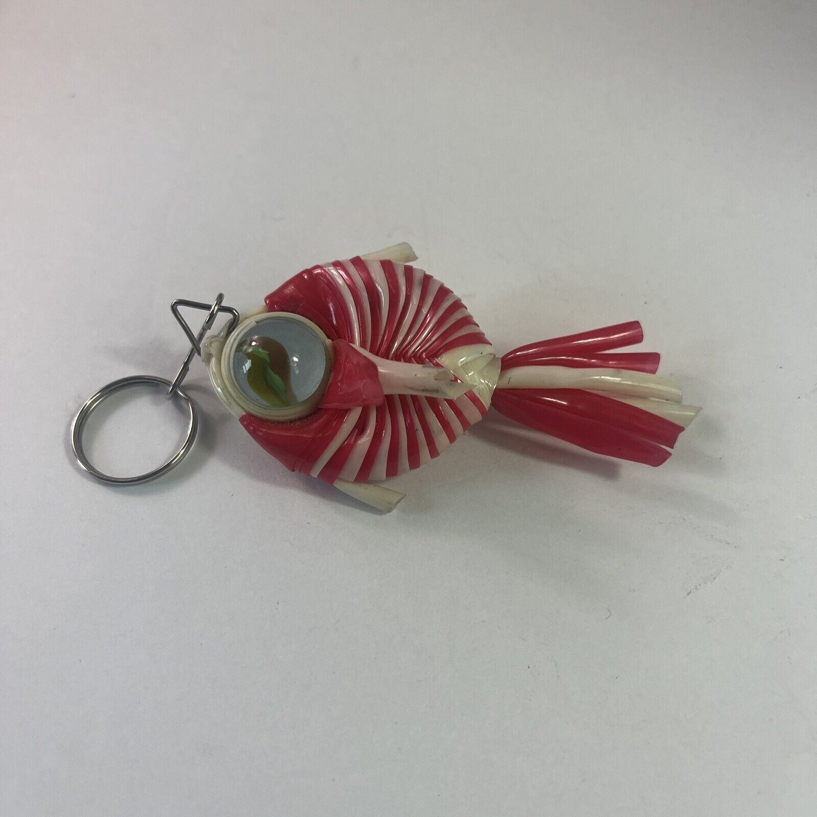 Strange Handmade Fish Keychain Marble eye Vintage White Red