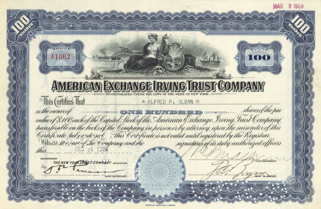 American Exchange Irving Trust Co. Issued to not Signed by Alfred P. Sloan Jr. -