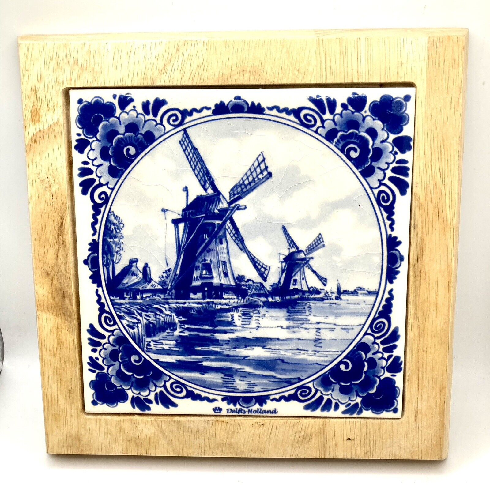 Vintage DELFT Holland 8” Trivet, Blue & White Tile (6”) Set In Wood, Windmills