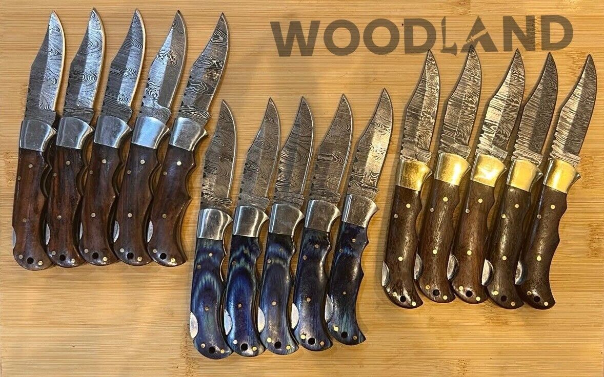 LOT of 15 pcs Damascus Steel Hunting Folding knife, Pocket Knives w/ Sheath WL