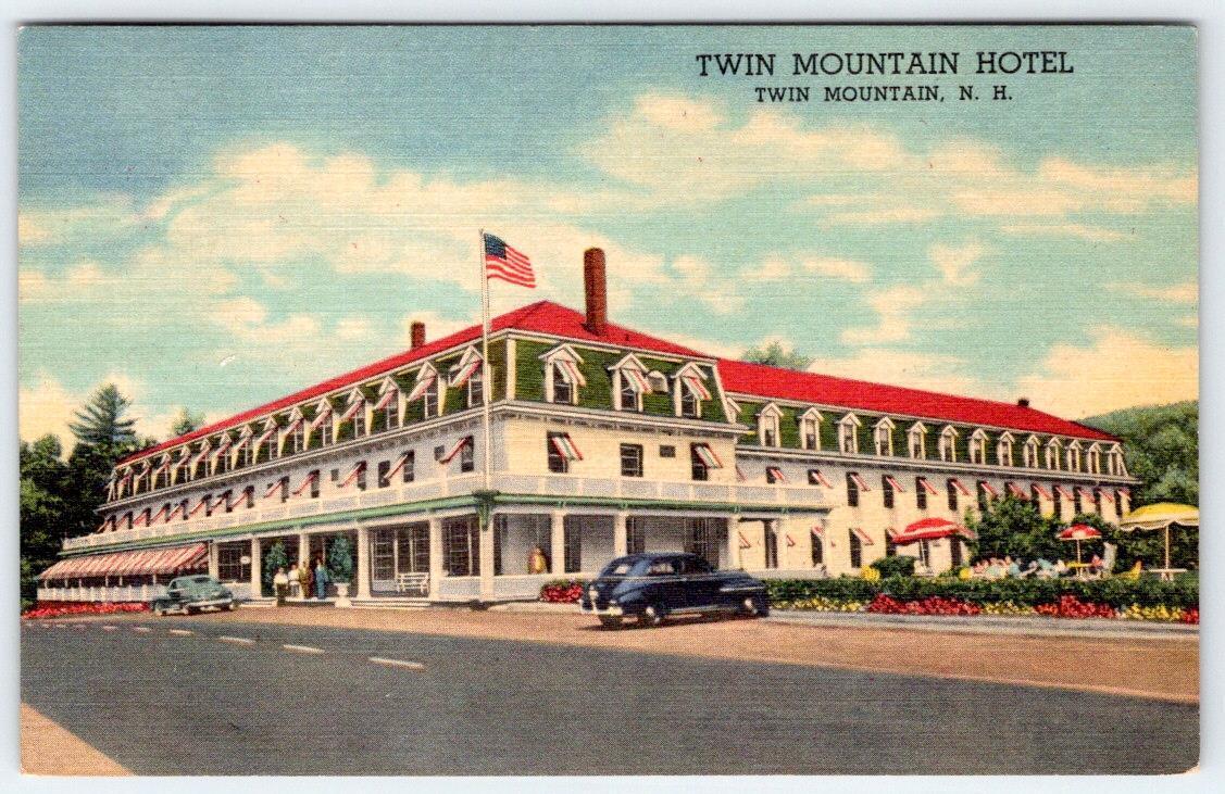 1956 TWIN MOUNTAIN HOTEL NEW HAMPSHIRE NH AMERICAN FLAG OLD CARS LINEN POSTCARD
