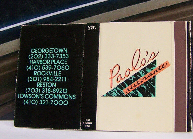 Rare Vintage Matchbook Cover T2 Georgetown Rockville Reston Virginia Paolo\'s 