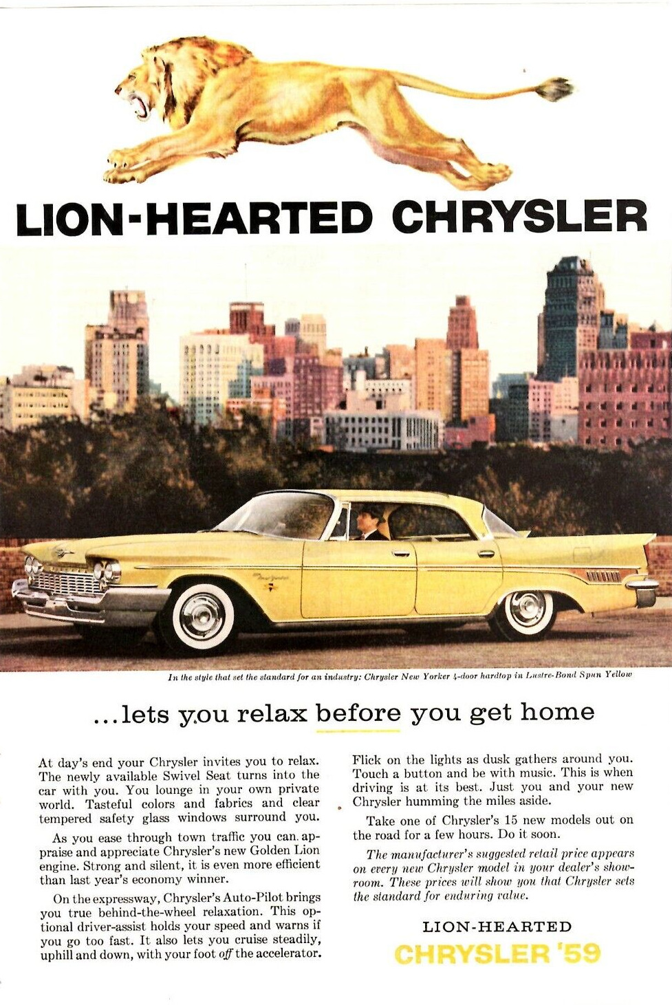1959 Print Ad Chrysler New Yorker 4-door hardtop in Lustre-Bond Spun Yellow Lion
