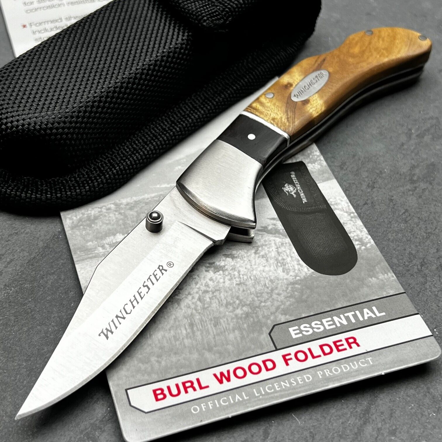 WINCHESTER Burl Wood Lockback Burl Wood Folding Blade Pocket Knife with Sheath