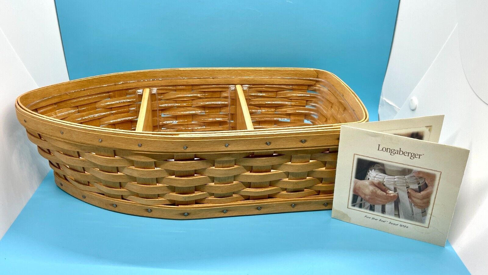 Longaberger “Row Your Boat” Basket w/ 2 Dividers & Plastic Protector – Very Nice