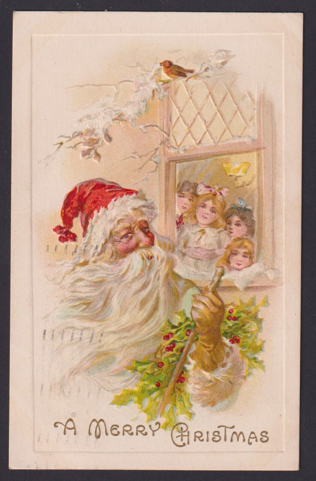 1910 EMBOSSED POSTCARD SANTA CLAUS, CHILDREN AT WINDOW - PUB. MEEKER Series 586