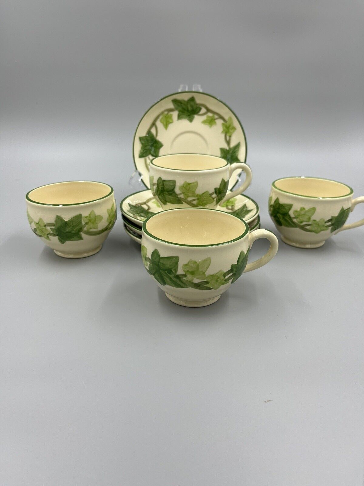Vintage Franciscan American Green Ivy Footed Cups and Saucers 4 Sets