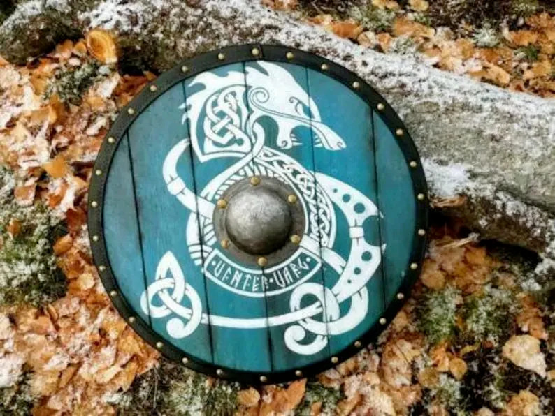 Vintg Medieval Eivor Valhalla Viking Fenrir Shield, Antique Dragon Wooden Shield