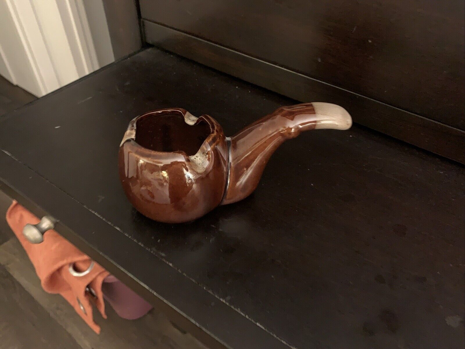 Vintage Pipe Shaped Brown Drip Ceramic Ashtray Retro Pottery Glaze Tobacciana